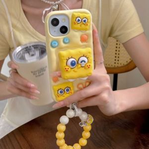 Spongebob Stand Silicone Soft iPhone 15 Pro Phone Case with Bracelet