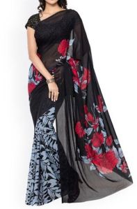 Women Black &AMP;AMP; Grey Georgette Floral Print Saree