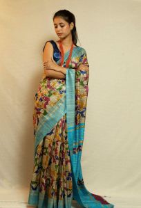 Block Printed Pure Tussar Saree with Ghicha Border