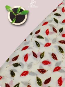 Mukaish Work Leaf Print All over White Georgette Fabric