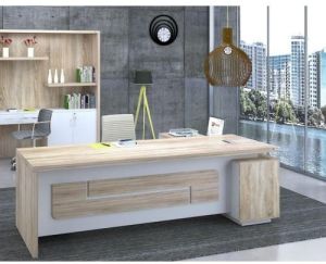 Boss Office Table in White Wood Finish with 3 Drawers Pedestal