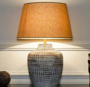 Beige Cotton Shade Natural Carved Wood Table Lamp