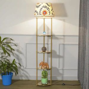 Printed Linen Shade Metal Multiutility Shelf Floor Lamp