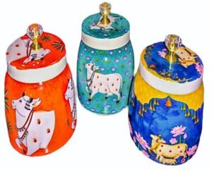 Iron Metal Pichwai Jar, Color : Assorted For Decorative Purposes