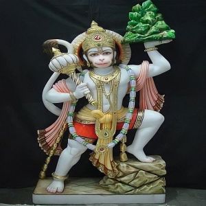 Carved Polished Hand Painted White Marble Hanuman Statue for Temple
