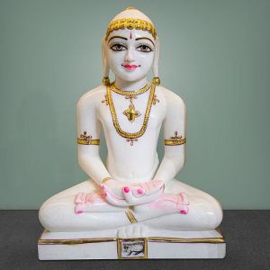 Carved Polished White Marble Mahavir Swami Statue for Temple