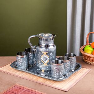 Navrang Handicraft Oxidized Meenakari Jug Glass Set With Tray