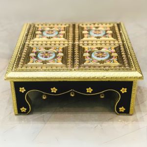Navrang Wooden Meenakari Bajot Chowki, Color : Golden Multi Sizes