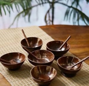 Plain Natural Finishing Wood Coconut Shell Bowl And Spoon Set