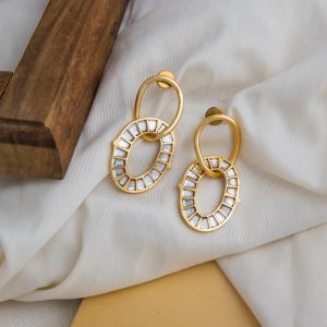 Mirror Glass Stone Gold Plated Brass Earrings