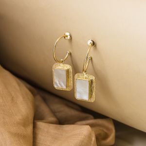 Polished Mop Brass Hoop Earrings, Color : Golden & White Antique