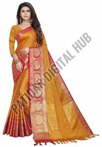 Ladies Abstract Printed Golden Chanderi Silk Cotton Saree