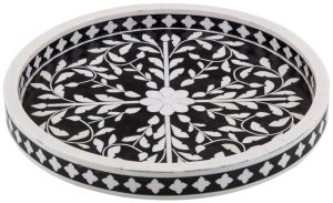 Polished Resin Printed Bone Inlay Tray, Shape : Round