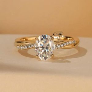 Oval Cut Lab Grown Diamond And Pave &AMP;AMP; Side Stone 18k Solid Gold Classic Engagement Ring For Her