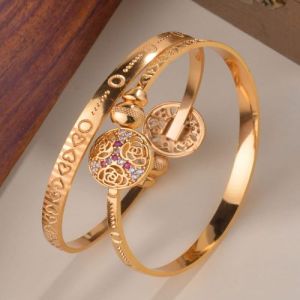 Floral Pattern Round Shaped Fancy Golden Bracelet