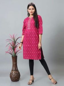 Ladies Pink Cotton Printed Kurti