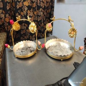 Ornate Metal Serving Trays with Bird Motif Handles Set OF 2 Pcs