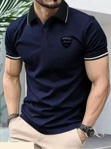 Polo Collar Contrast T-Shirt For Men (Navy Blue)