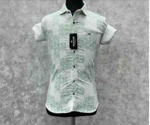 Men's Stylish Green and White Leaf Print Shirt