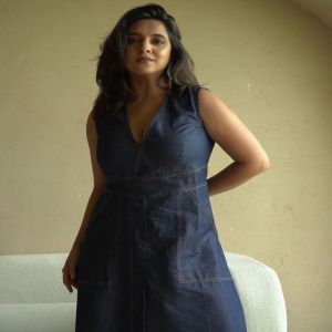 Plain Denim V Neck Line Long Dress, Color : Blue Party Wear