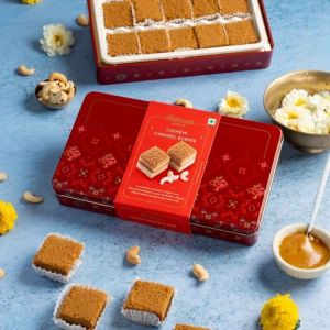 Velvety Cashew Caramel Burfi, Color : Brown, Taste : Sweet