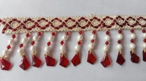 Red And White Single Sided Plastic Beaded Lace Fabric