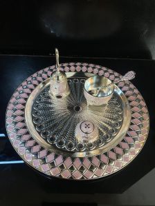 Glossy Raya Brass Enamel Pooja Thali, Color : Multicolor