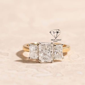 Radiant Cut Three Stone Lab Grown Diamond 18k Solid Gold Ring
