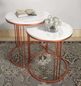 Golden Circular Base White Marble Top Side Table Set