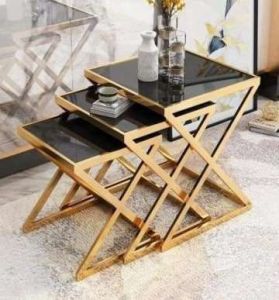 Golden Crisscross Frame Black Top Side Table Set