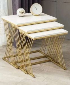 Golden Crisscross Frame White Top Side Table Set
