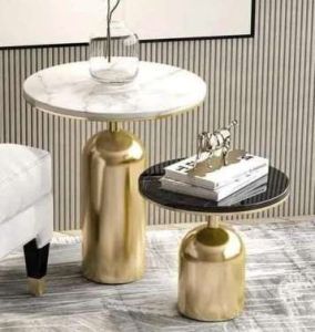 Golden Cylindrical Base Marble & Black Top Side Table Set