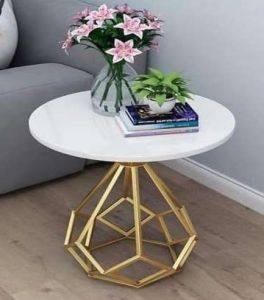 Golden Geometric Base White Round Top Side Table