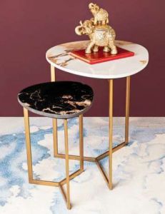 Golden Geometric Frame Marble Mix Top Side Table Set