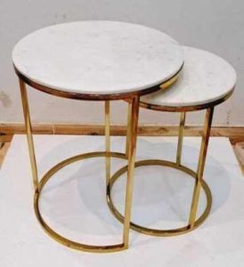Golden Round Frame White Marble Top Side Table Set