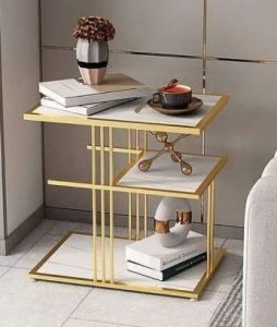 Golden Vertical Bar Frame Dual Shelf Side Table