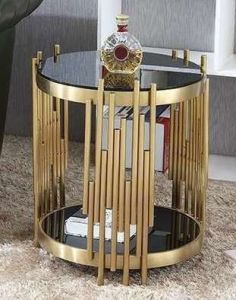 Golden Vertical Rod Frame Black Glass Top Side Table