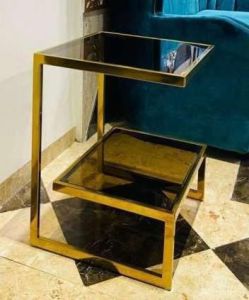 Golden Z-Frame Dual Glass Shelf Side Table