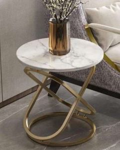 Round Marble Top Side Table with Golden Ring Base