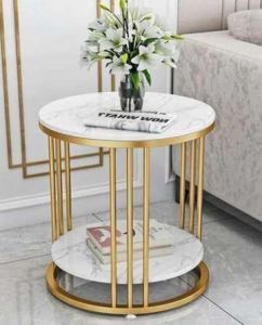 Round Marble Top Side Table with Shelf Golden Rod Frame