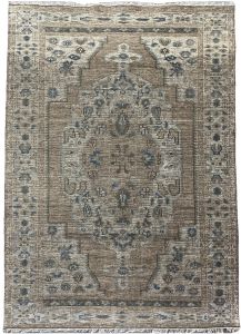 Hand Knotted Brown & Blue Distressed Medallion Area Rug
