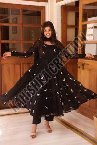 Round Neck Printed Ladies Black Georgette Anarkali Suit