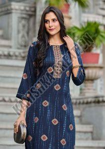 Ladies Printed Rayon Kurti, Color : Blue