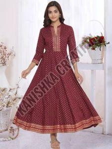 Printed Cotton Maroon Fancy Anarkali Kurti Xl, Xxl
