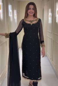 Faux Georgette Ladies Black Party Wear Suit, Pattern : Embroidered