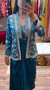 Embroidered Ladies Blue Party Wear Dress, Sleeve Type : Full Sleeves