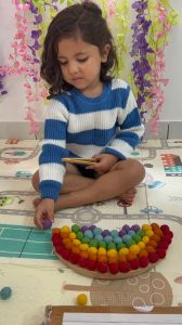 Wooden Rainbow with Wool Balls, Tweezers & Bag