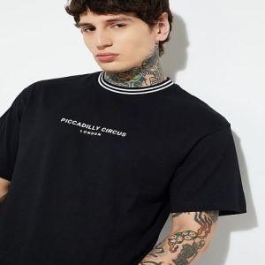 Mens Black Round Neck Cotton Printed T-Shirt