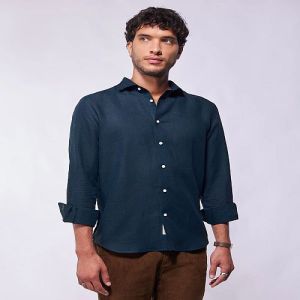 Mens Deep Blue Cotton Linen Shirt Xs for Casual