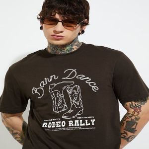 Mens Deep Brown Round Neck Cotton Printed T-Shirt